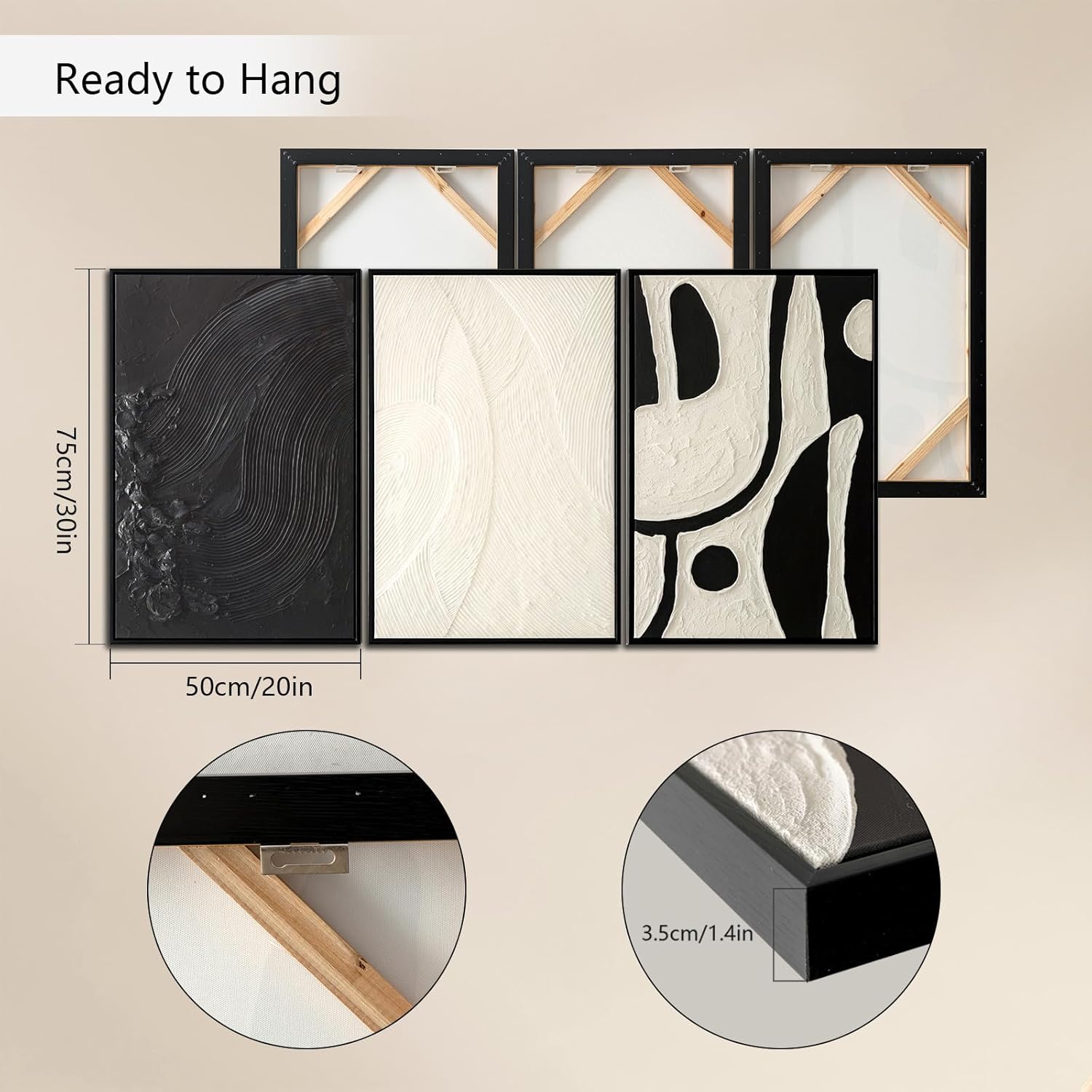 Framed Modern Black and White Abstract Wall Art for Living Room, Large 3 Piece minimalist decor Canvas Artwork for Walls, Prints Pictures Paintings for Hallway Stair Office Wall Decor 20x30 In