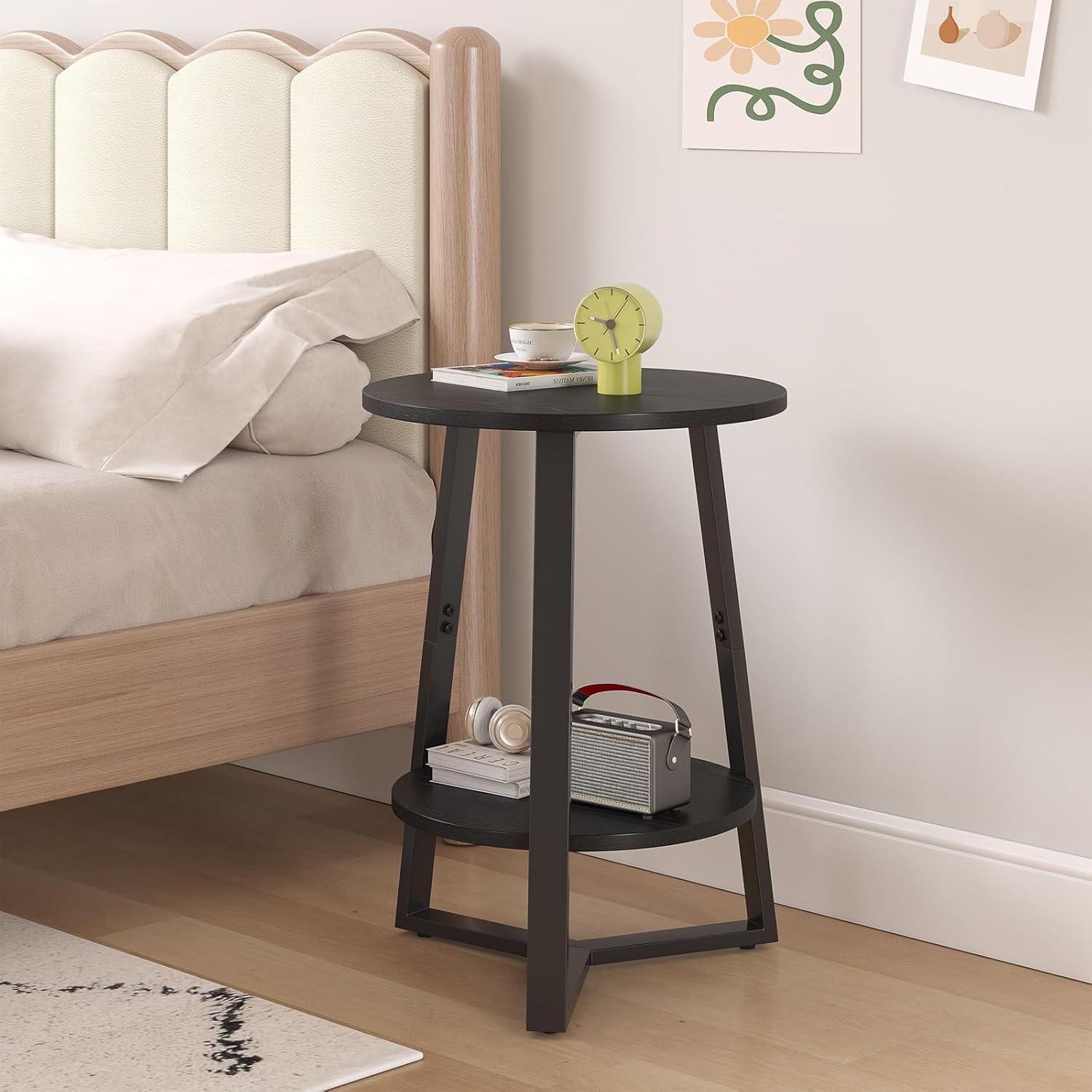 sthmec Small Round End Table, 2 Tier Side Table with Storage Shlef,Coffee Table Wooden Tabletop & Metal Frame,Round Accent Table Small Nightstands Couch Tables for Bedroom,Livingroom, Black