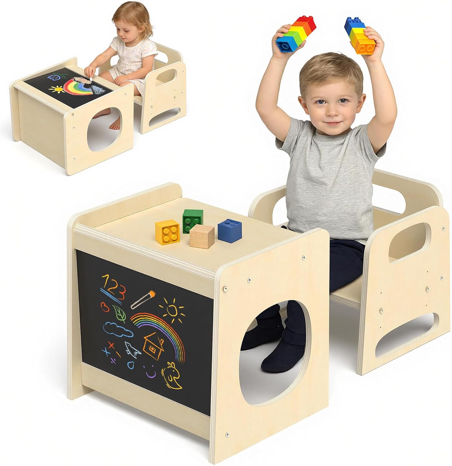 GVOO Montessori Weaning Table and Chair Set, 3 Adjustable Height Toddler Table and Chair Set with Drawing Board, for Eating, Playing and Reading, Baby Proofing Design, Gifts for Kids