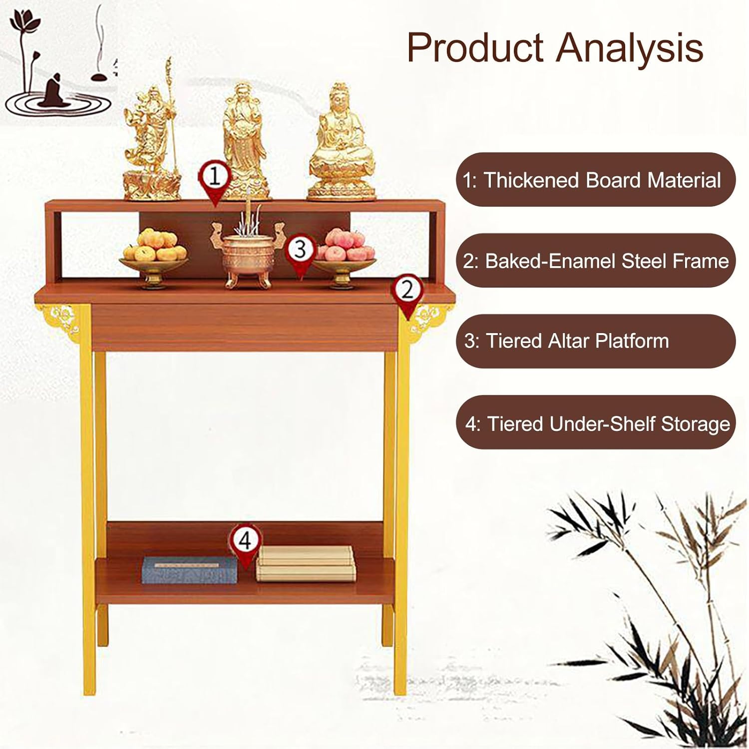 Solid Wood Altar Table, Prayer Meditation Table with Storage, Buddhist Shrine Cabinet for Small Spaces, Pooja Stand for Home Temple and Office Puja Mandir God(Black,60 * 42cm/23.6 * 16.5in)