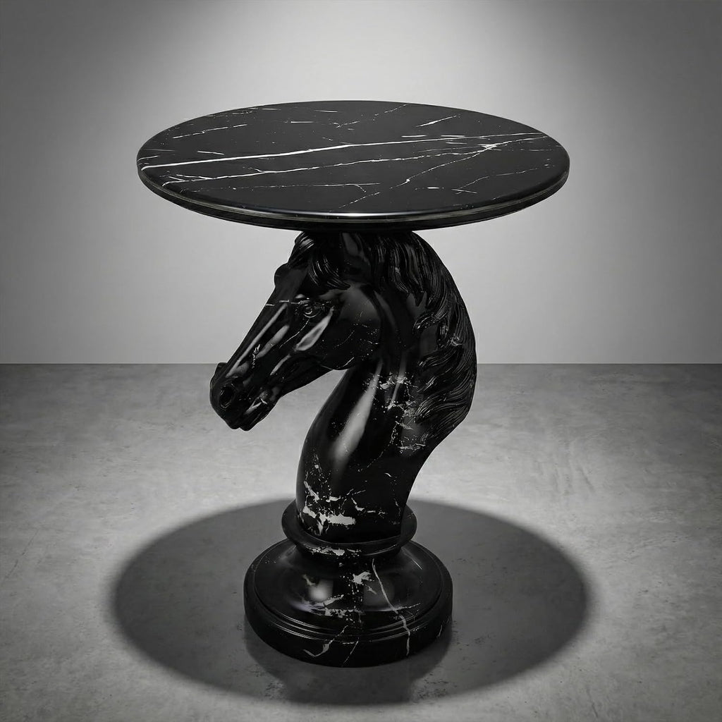 Horse Head Side Table, Faux Marble Round End Table with Resin Sculpture Pedestal Base, Small Accent Table for Living Room Bedroom Office, Modern Glam Decor, Black