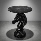 Horse Head Side Table, Faux Marble Round End Table with Resin Sculpture Pedestal Base, Small Accent Table for Living Room Bedroom Office, Modern Glam Decor, Black