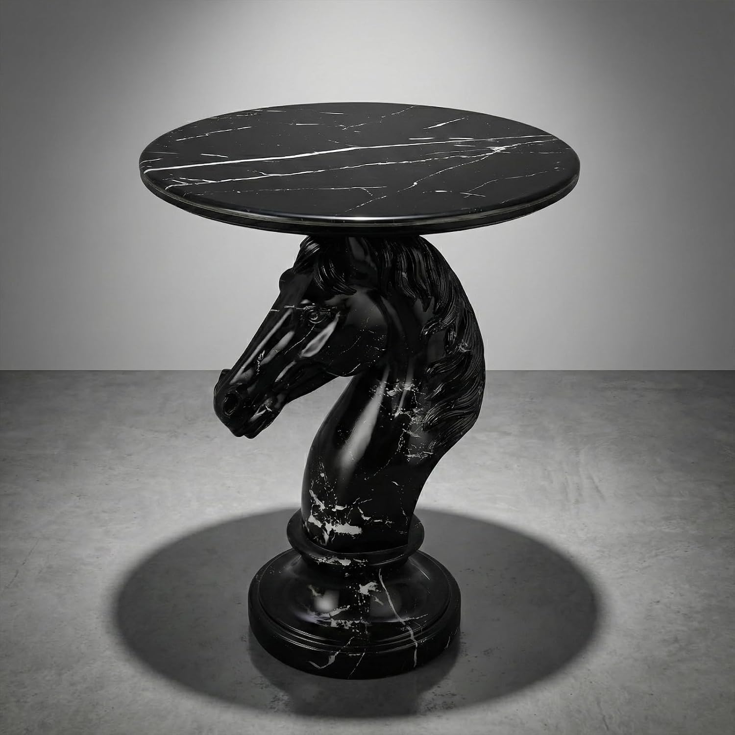 Horse Head Side Table, Faux Marble Round End Table with Resin Sculpture Pedestal Base, Small Accent Table for Living Room Bedroom Office, Modern Glam Decor, Black