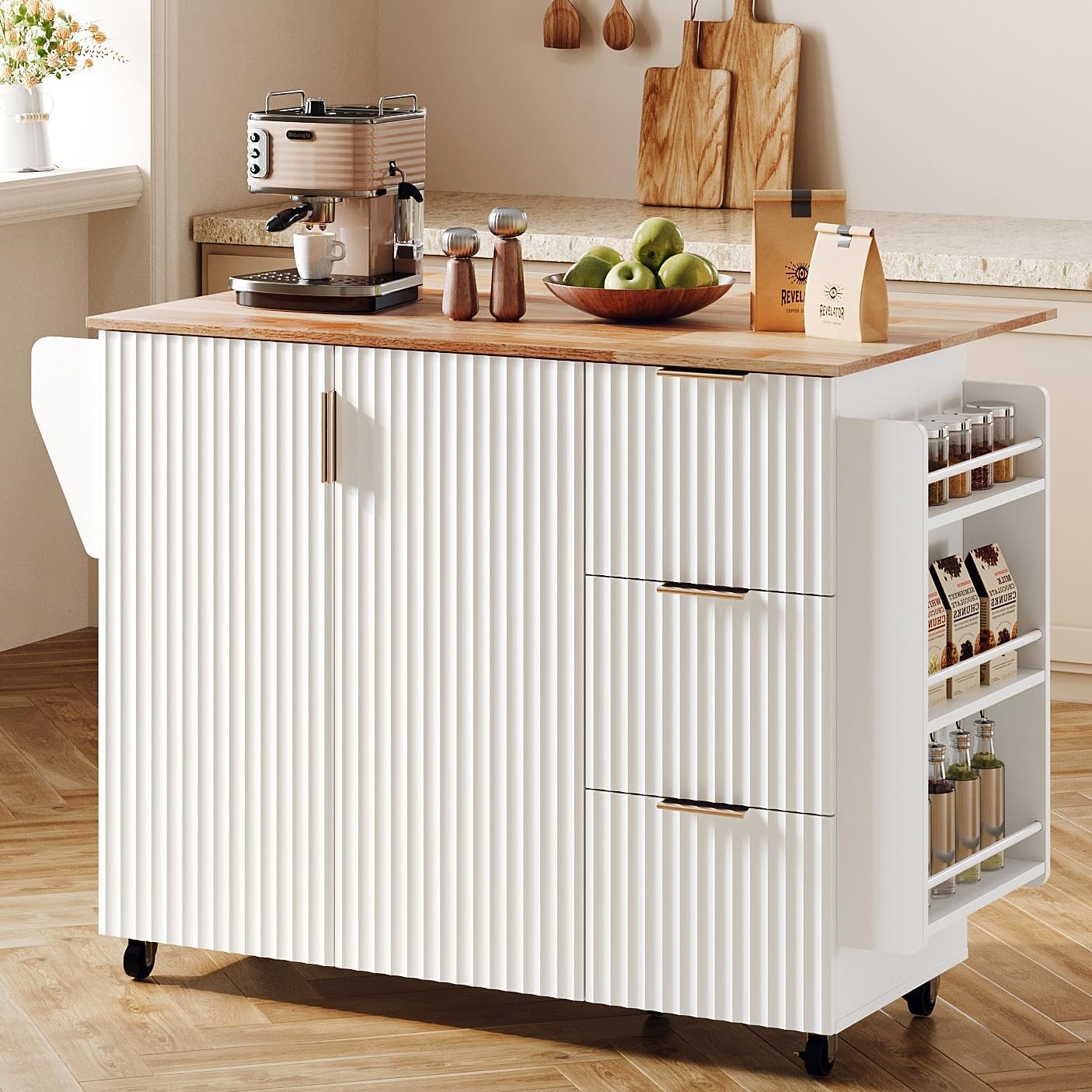 VINGLI Fluted Kitchen Island Cart on Wheels with Storage, Folding Rolling Kitchen Island with Drawers, Small Portable Island Table with Extendable Rubber Wood Top, White