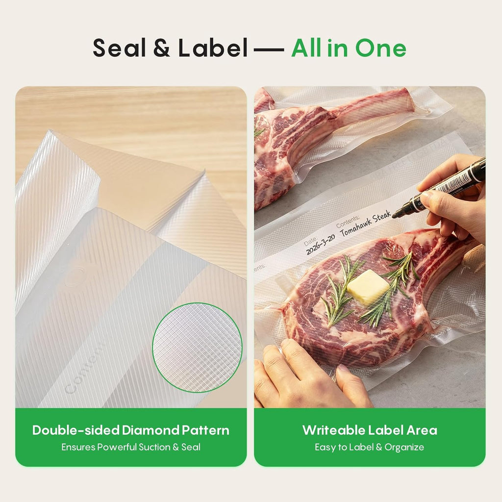 FRESKO Vacuum Sealer Bags Rolls with Write-On Labels, 11" x 20' 2 Pack Bags, BPA Free, Heavy Duty, Customized Size for Food Storage and Sous Vide