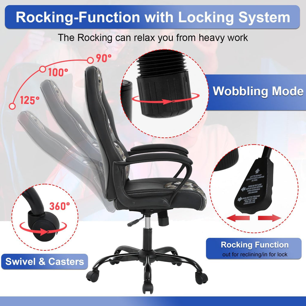 Gaming Chair PU Leather Chairs Ergonomic Office Chair Executive Computer Chairs High Back Computer Task with Lumbar Support Adjustable Height, Camo