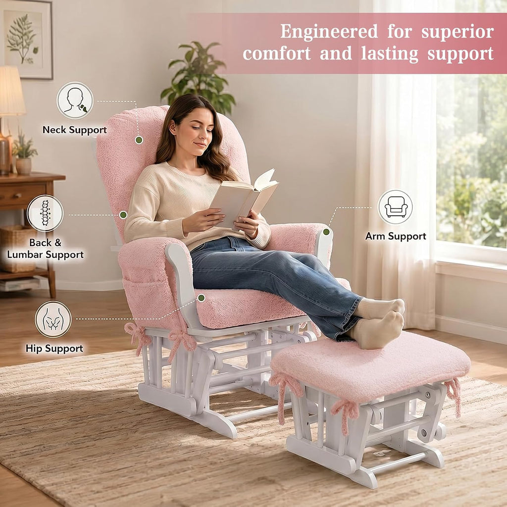 ANMINY 5pcs Glider Rocker Replacement Cushions Set with Ottoman Cover, 3.5Inch Thickened Fleece Glider Rocking Chair Cushions with 29.5Inch Tufted Backrest & Side Pockets for Indoor Nursery, Pink