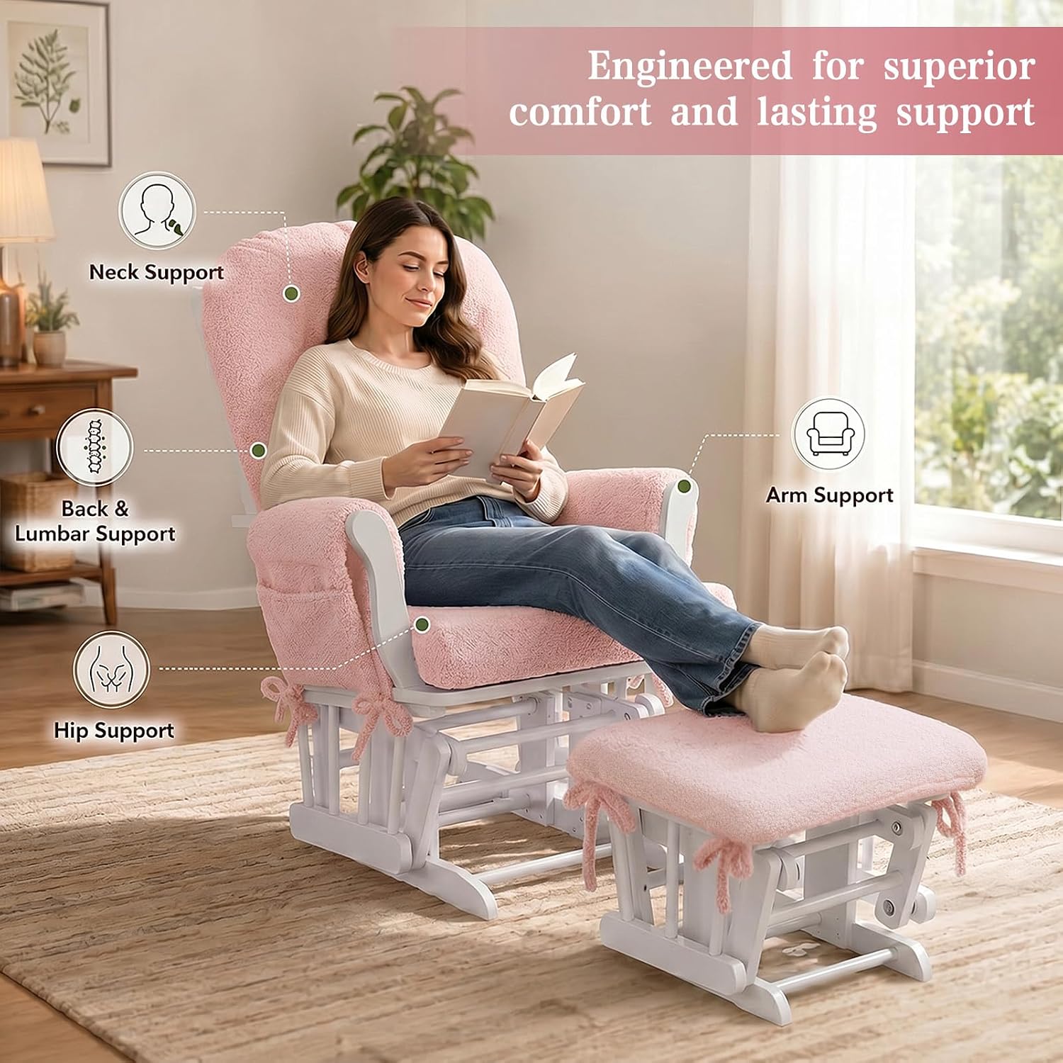 ANMINY 5pcs Glider Rocker Replacement Cushions Set with Ottoman Cover, 3.5Inch Thickened Fleece Glider Rocking Chair Cushions with 29.5Inch Tufted Backrest & Side Pockets for Indoor Nursery, Pink