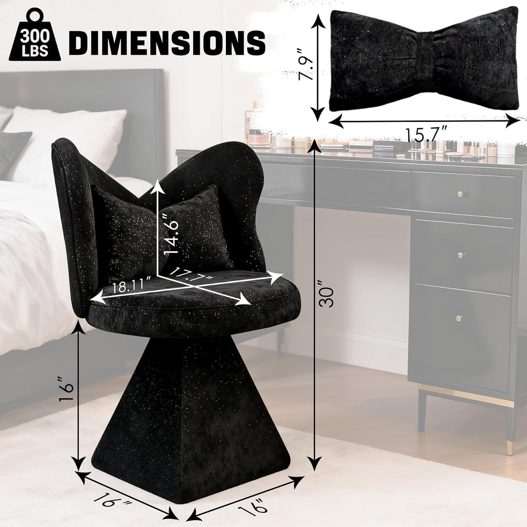Velvet Swivel Vanity Chair with Butterfly Back, Makeup Stool for Bedroom Dressing Table, Modern Accent Chair for Living Room, Dining Room, Study, Home Office (Black)