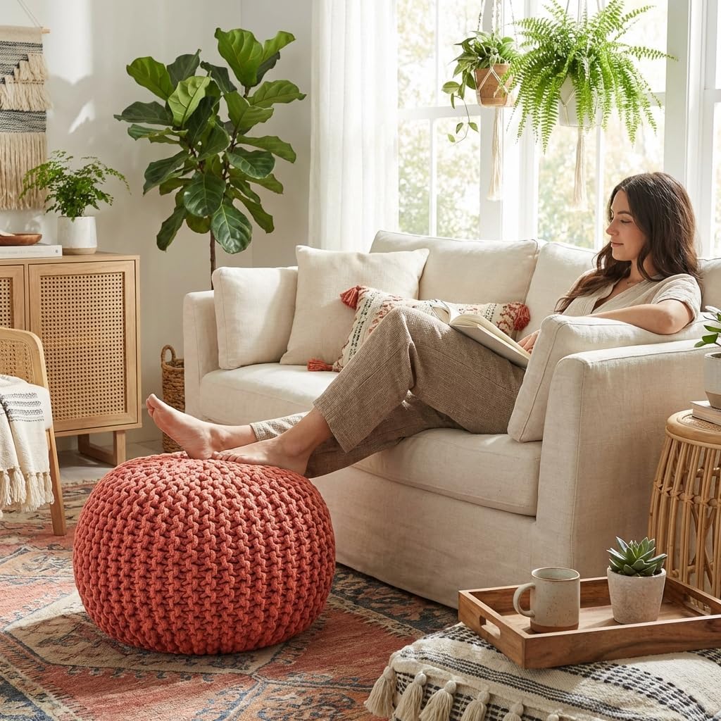 Poona Handcrafted Modern Cotton Pouf, Coral, Soft Upholstered Ottoman with Tassels, Boho Floor Seating for Living Room Bedroom and Nursery