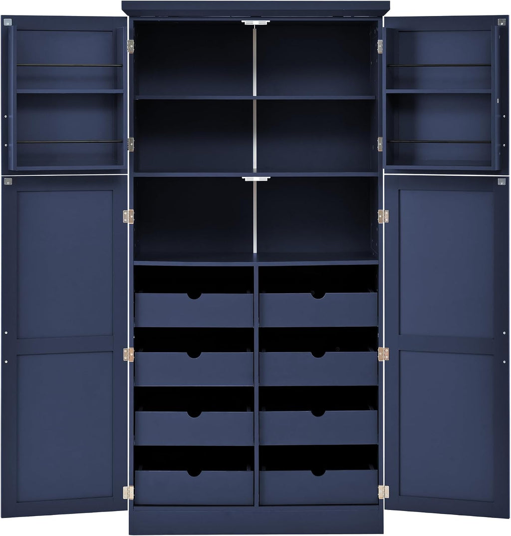 Tall 4 Doors Kitchen Pantry Cabinet with 8 Pull-Out Trays, Freestanding Pantry Storage Cabinet with 2 Door Shelves and Adjustable Shelf for Kitchen, Dining Room (Blue)