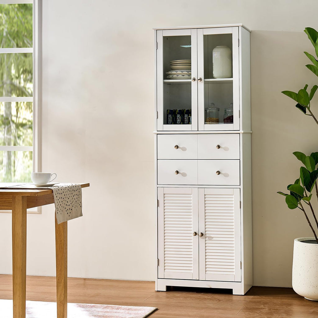 23.6" D*11.8" W*66.9" H Freestanding Kitchen Pantry with 4 Dawers, 2 Shelves, Top French Door & Lower Double Door, Rectangular Storage Cabinet, for Living Room, Dining Room, White