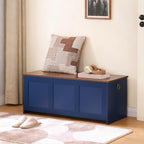 HOOBRO Storage Bench, 39.3" Retro Wooden Storage Chest, Wooden Storage Trunk, Toy Chest with Lift Top, Multifunctional Entryway Organizer, for Entryway, Living Room, Blue and Walnut UH141CW01G1