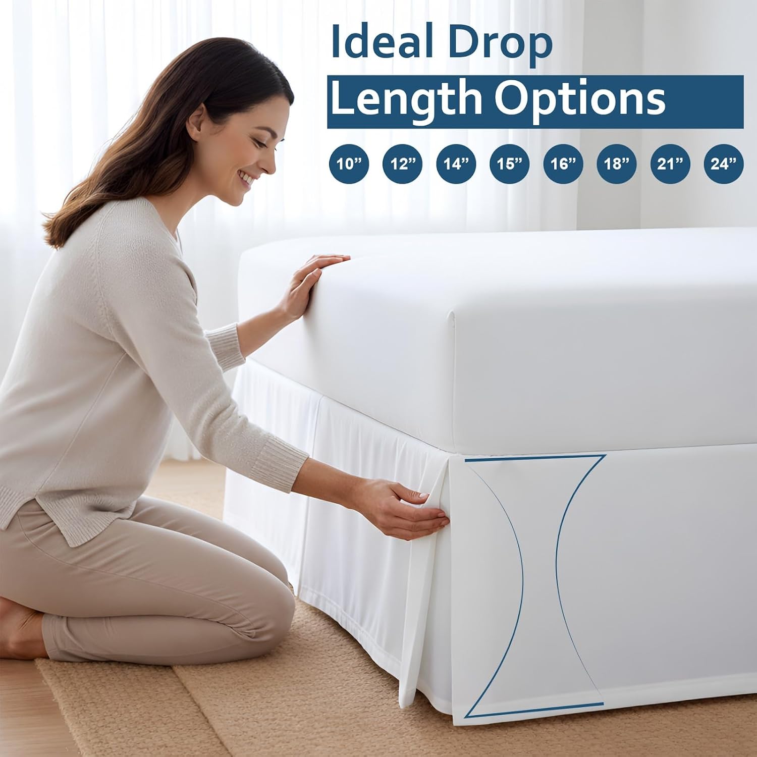 Twin Bed Skirt 18 Inch Drop, Pleated Dust Ruffle with Split Corners, 3-Sided Easy Fit Bed Skirt with Platform, Ultra-Soft Microfiber, Wrinkle Resistant, Tailored Fit, White