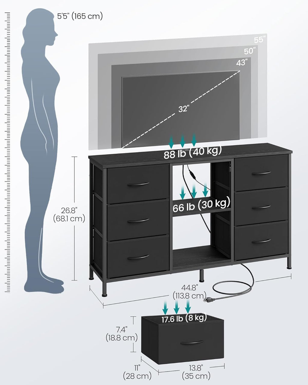 SONGMICS BELLAH Collection - TV Stand for TVs Up to 55 Inches, Dresser for Bedroom, Living Room, Chest of Drawers, Steel, 6 Drawers and 2 Shelves, Modern, Ink Black ULGS032B101S