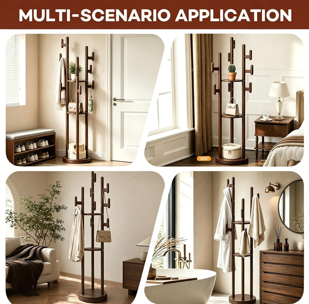 Rotary Coat Rack Freestanding - Solid Wood Coat Tree with 9 hooks & 3 Storage Shelves for Purse, Bag, Jacket, Hat, Corner Hanger Stand Racks for Hall, Entryway, Office, Modern Clothes Holder