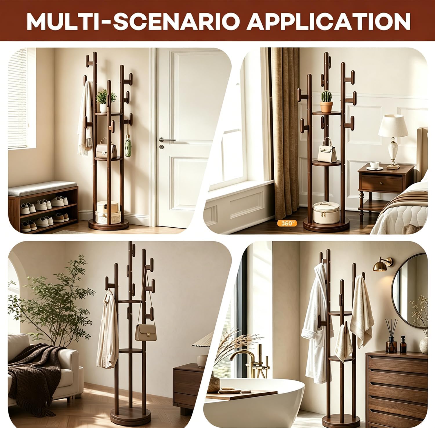 Rotary Coat Rack Freestanding - Solid Wood Coat Tree with 9 hooks & 3 Storage Shelves for Purse, Bag, Jacket, Hat, Corner Hanger Stand Racks for Hall, Entryway, Office, Modern Clothes Holder