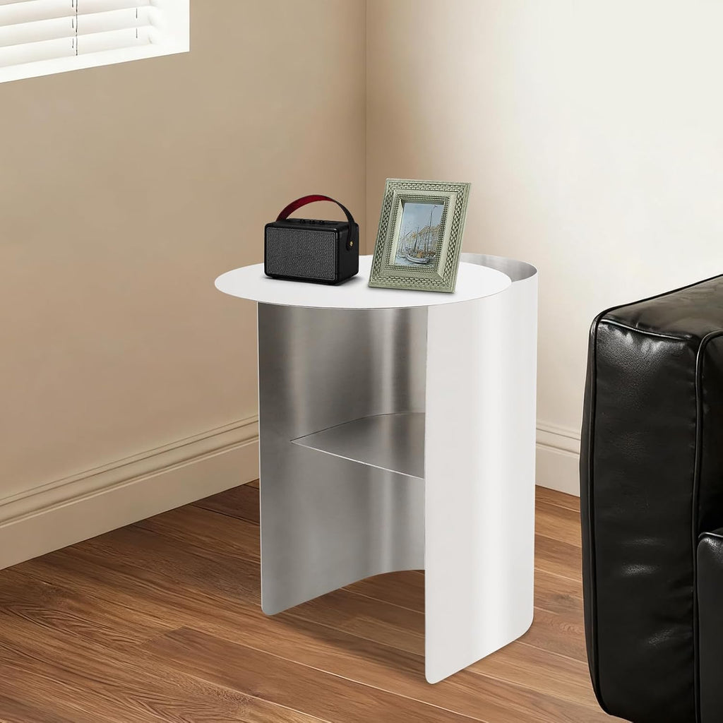 Modern Side Table Stainless Steel Sofa Table Geometric Design Coffee Table with Curved Design for Living Room Bedroom, 55.12lbs Load (11.02 * 18.11 * 20.07inch, Round)