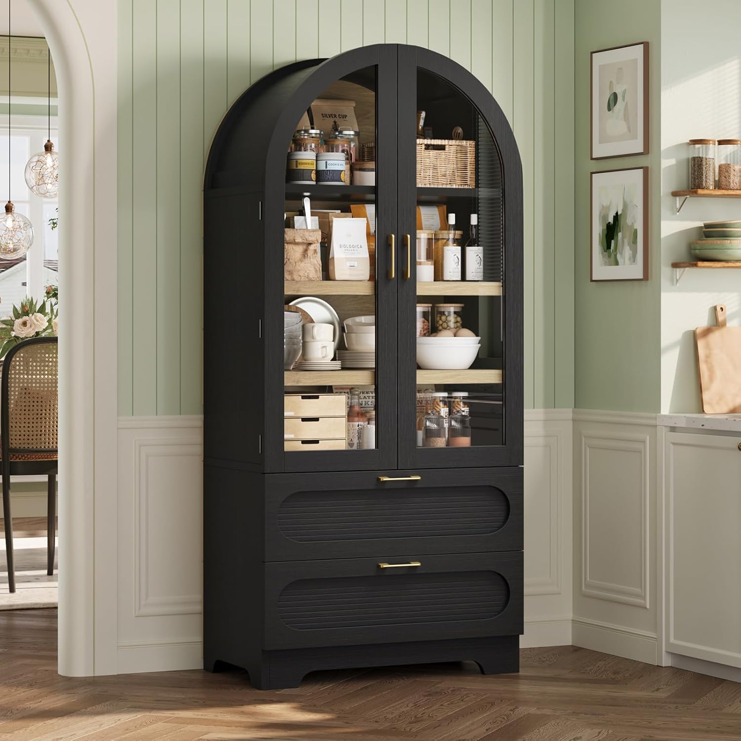 Bestier 71" Arched Kitchen Pantry Cabinet with LED Lights, 15.7" Deep Storage Cabinet with 3 Adjustable Shelves and 2 Drawers, Modern Farmhouse Cupboard for Living Room, Kitchen, Dining Room, Black
