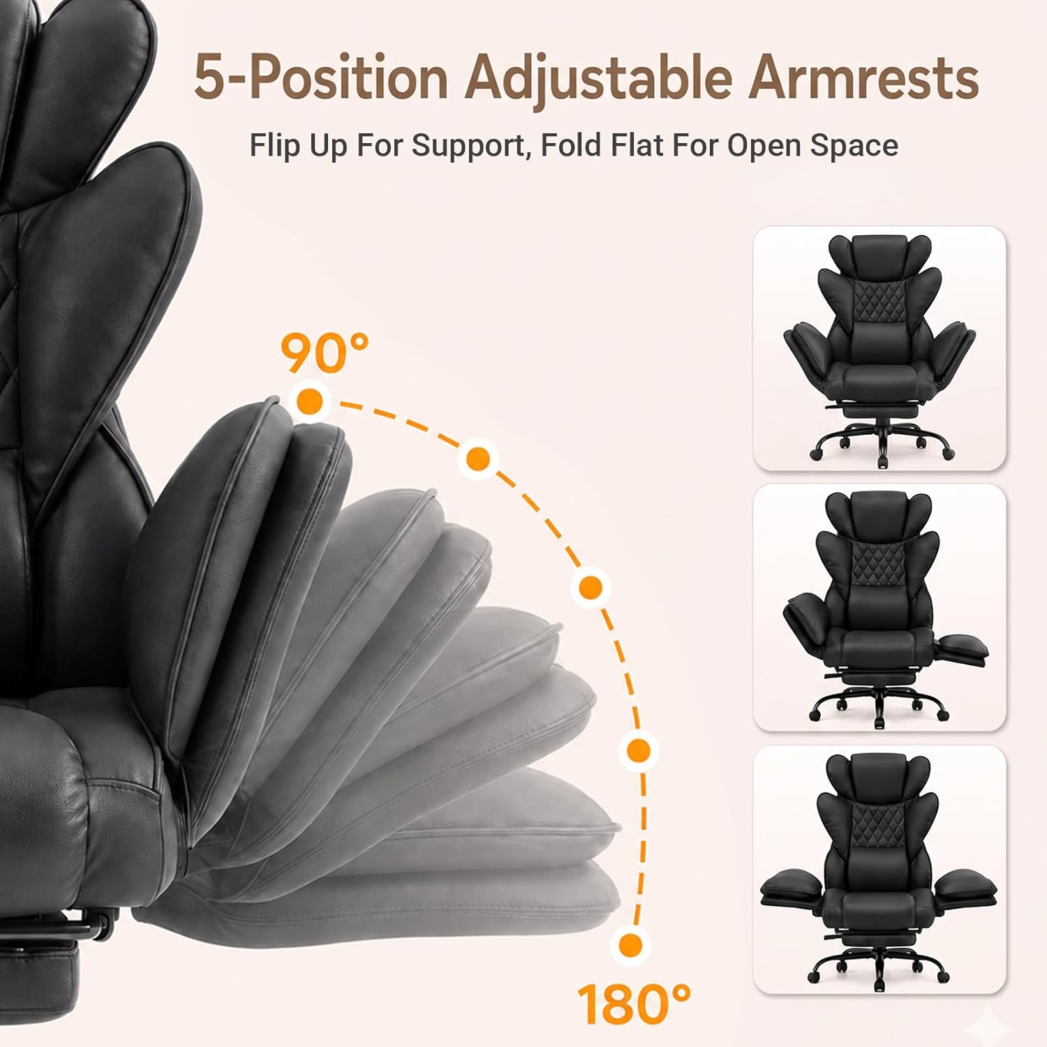 Big and Tall Office Chair with Flip Armrests for Pets and Cross Legged Sitting, Reclining Ergonomic Computer Desk Chair with Foot Rest, Wide Seat PU Leather Executive Chair, 135° Recline Silent Wheels