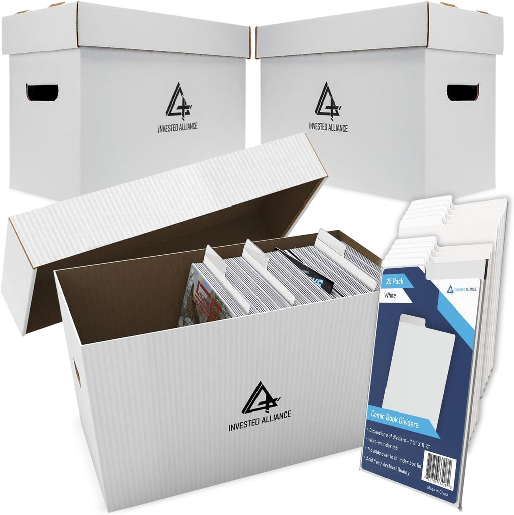 Invested Alliance Bundle Set Premium Short Comic Book Storage Box Organizer with Lid | Thick Cardboard Comic Storage Box For Collectibles Fits 150-175 Current/Silver Age, Heavy Duty & Stackable.