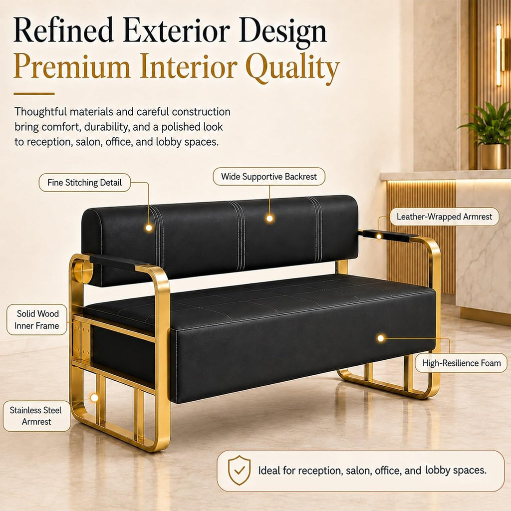 Waiting Room Bench with Backrest and Metal Armrests, Faux Leather Upholstered Reception Bench, Padded Seat for Salon, Office, Lobby, Barber Shop, Apartment(Black-Silver Frame,59.1*21.6*28.7in)