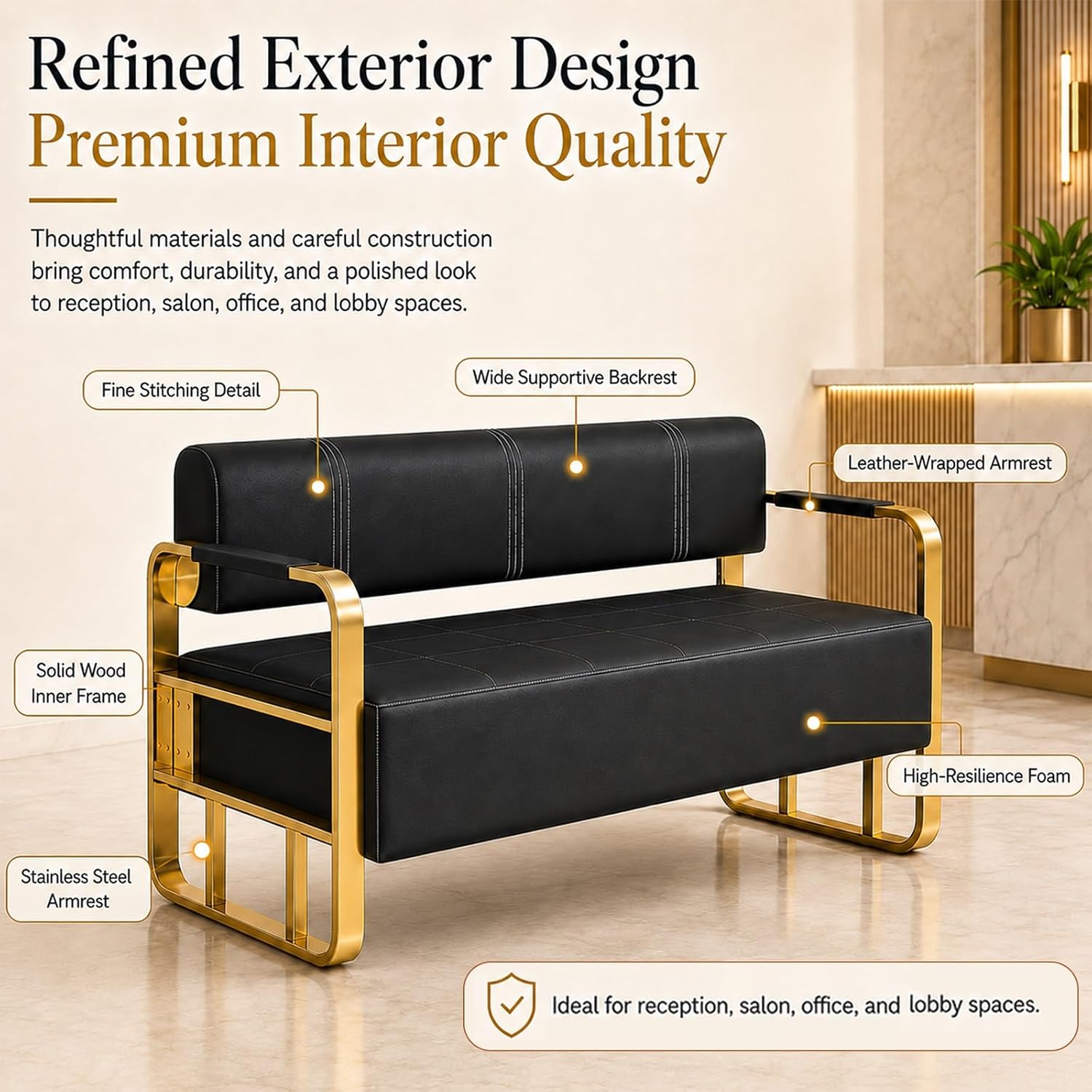 Waiting Room Bench with Backrest and Metal Armrests, Faux Leather Upholstered Reception Bench, Padded Seat for Salon, Office, Lobby, Barber Shop, Apartment(Black-Silver Frame,59.1*21.6*28.7in)