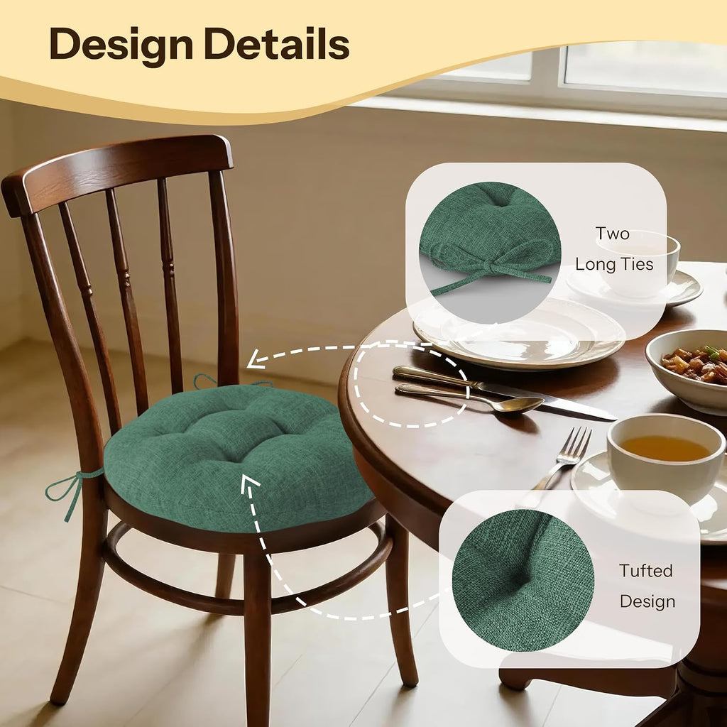 Round Chair Cushions with Ties 16" x 16" x 3" Thick Round Cushions Set of 2 for Indoor Furniture Comfy Circle Seat Pads for Kitchen Dining Room Green