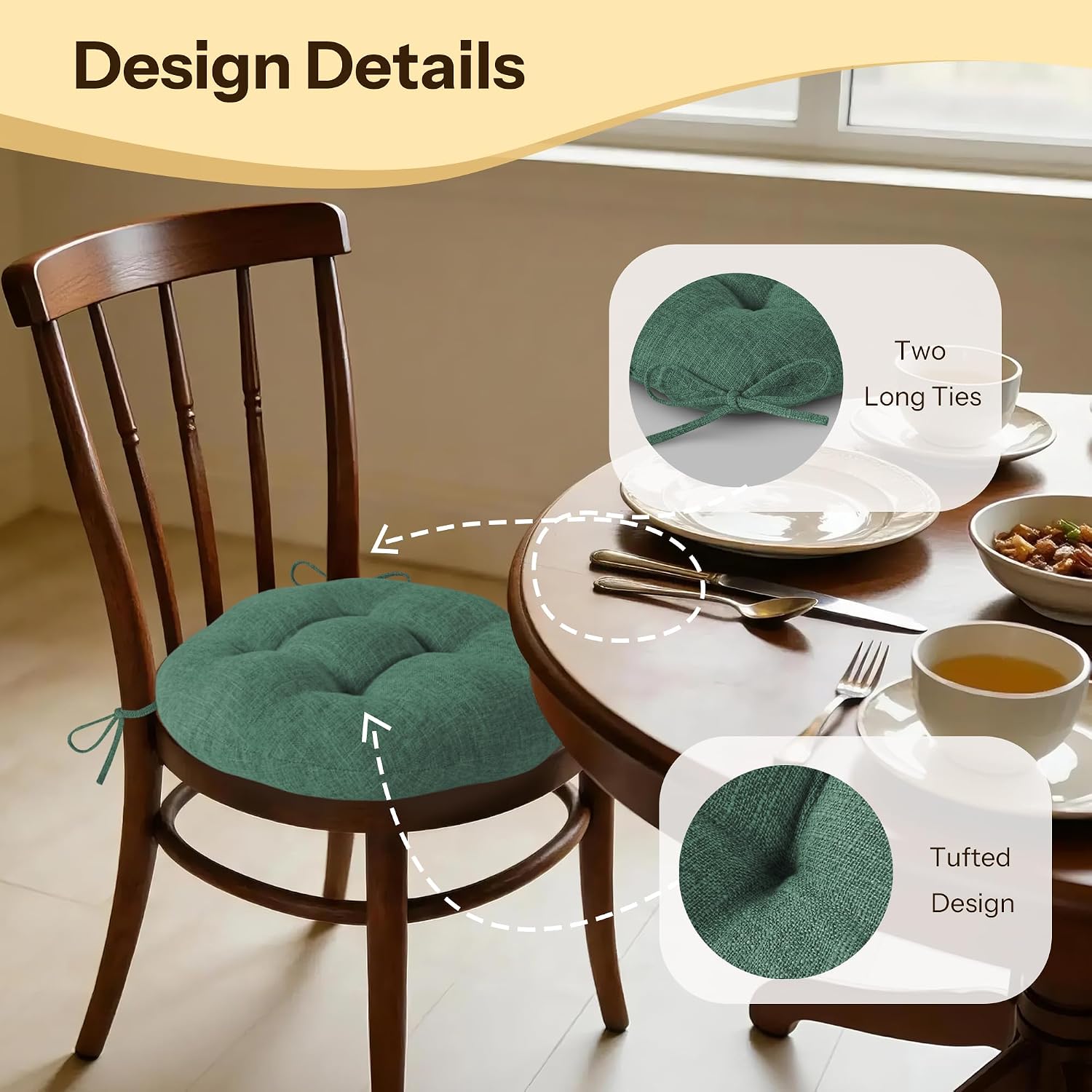 Round Chair Cushions with Ties 16" x 16" x 3" Thick Round Cushions Set of 2 for Indoor Furniture Comfy Circle Seat Pads for Kitchen Dining Room Green