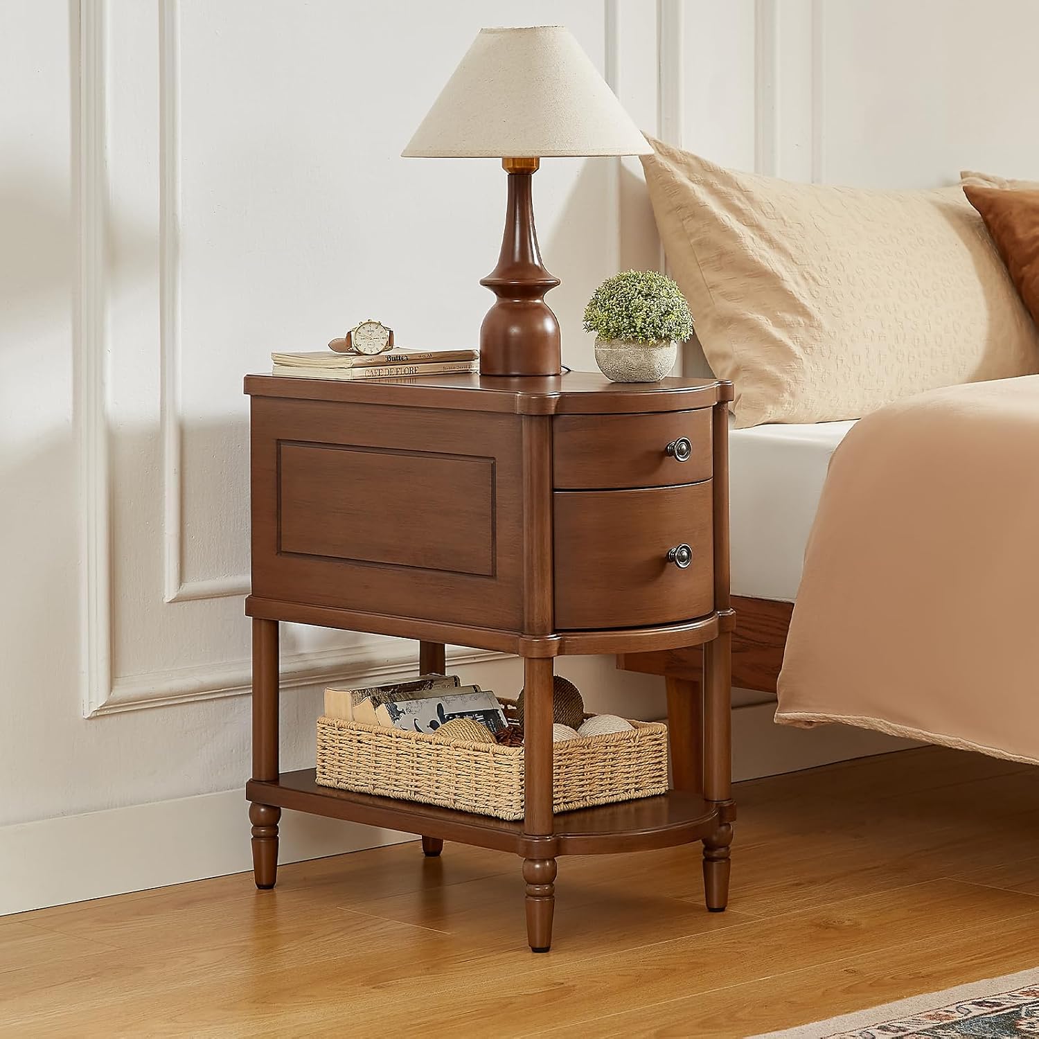 ONBRILL Narrow End Table with Charging Station, Pre-Assembled Nightstand with 2 Drawers & Shelf, Vintage Rustic Side Table with Storage, Wood Bedside Table for Bedroom Living Room, Walnut