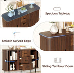 47'' Fluted Cabinet with Storage, Walnut Buffet Cabinet Sideboard with Sliding Door, 3 Drawers & Adjustable Shelf, Mid Century Coffee Bar, Curved Edge Design Storage Cabinet for Kitchen, Living Room