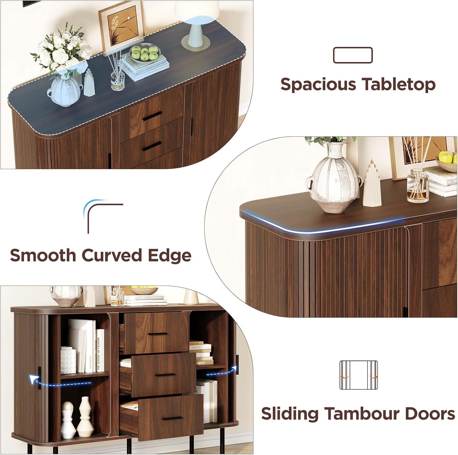 47'' Fluted Cabinet with Storage, Walnut Buffet Cabinet Sideboard with Sliding Door, 3 Drawers & Adjustable Shelf, Mid Century Coffee Bar, Curved Edge Design Storage Cabinet for Kitchen, Living Room