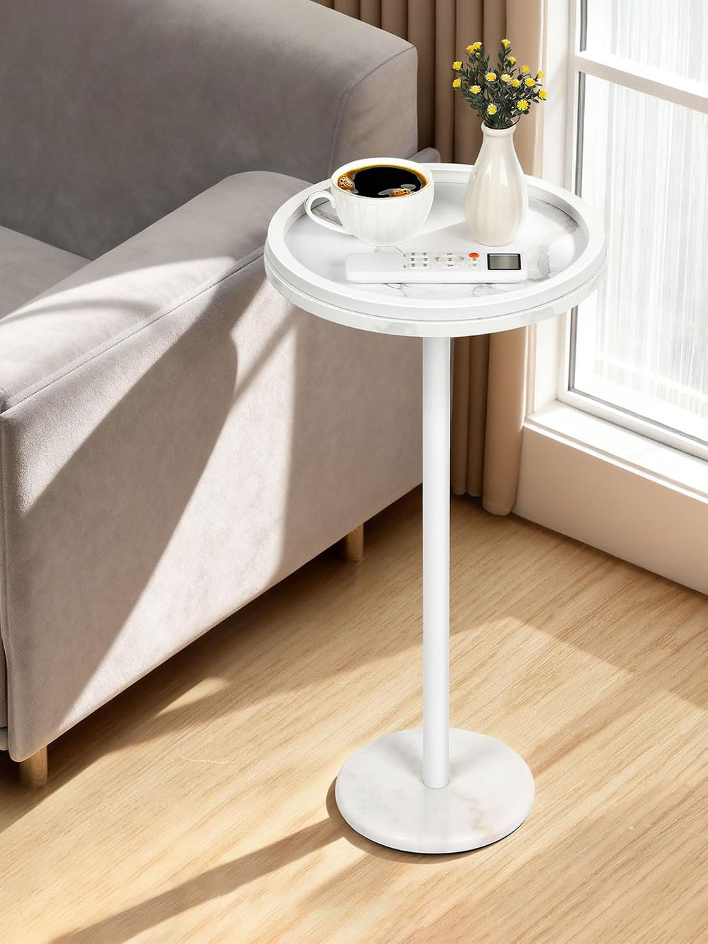Shinoske Drink Table Set of 2,Small Round Side Table with White Marble Base,Modern Martini Pedestal Side Table for Small Spaces,Living Room,Bedroom,Balcony