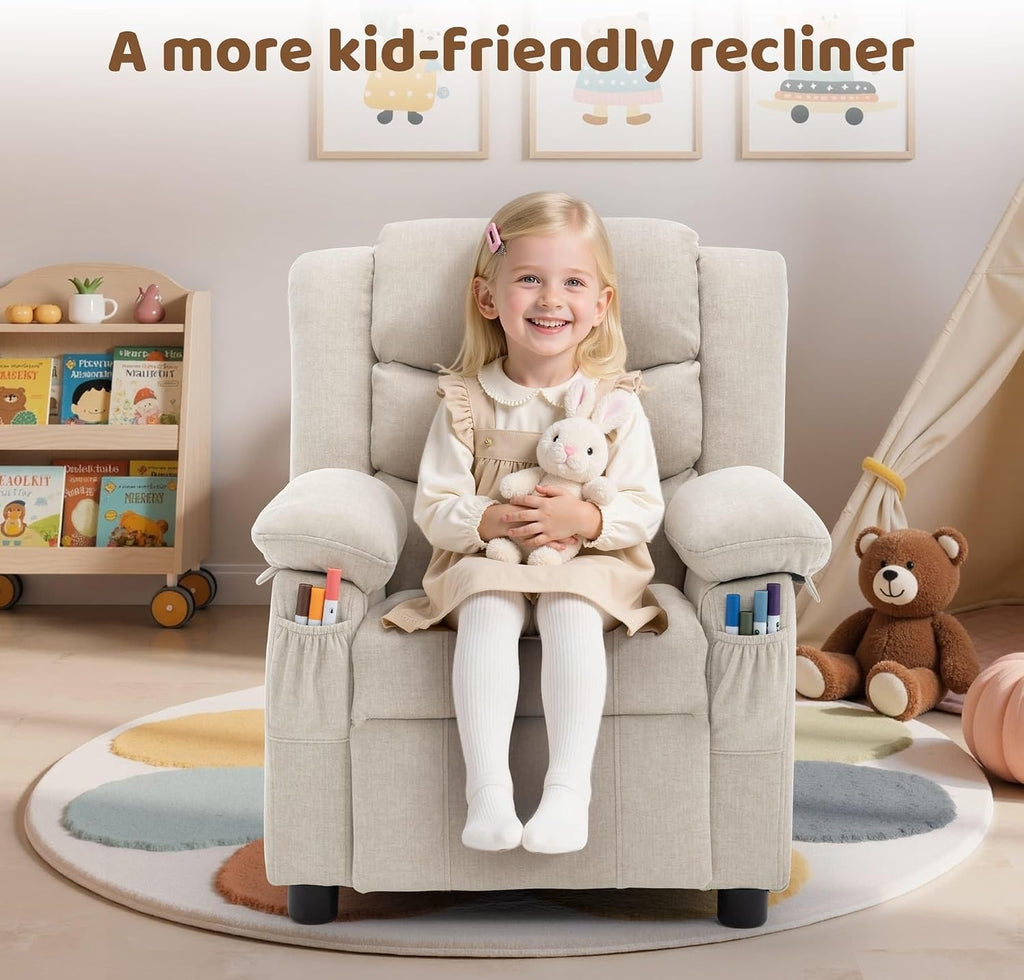 Korser Kids Recliner Chair, Push Back Toddler Recliners with Side Pockets, Child Recliner with Footrest, Cashmere Fabric Kid Chair for Girls Boys Kids Room, Children's Rooms (Beige)