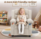 Korser Kids Recliner Chair, Push Back Toddler Recliners with Side Pockets, Child Recliner with Footrest, Cashmere Fabric Kid Chair for Girls Boys Kids Room, Children's Rooms (Beige)