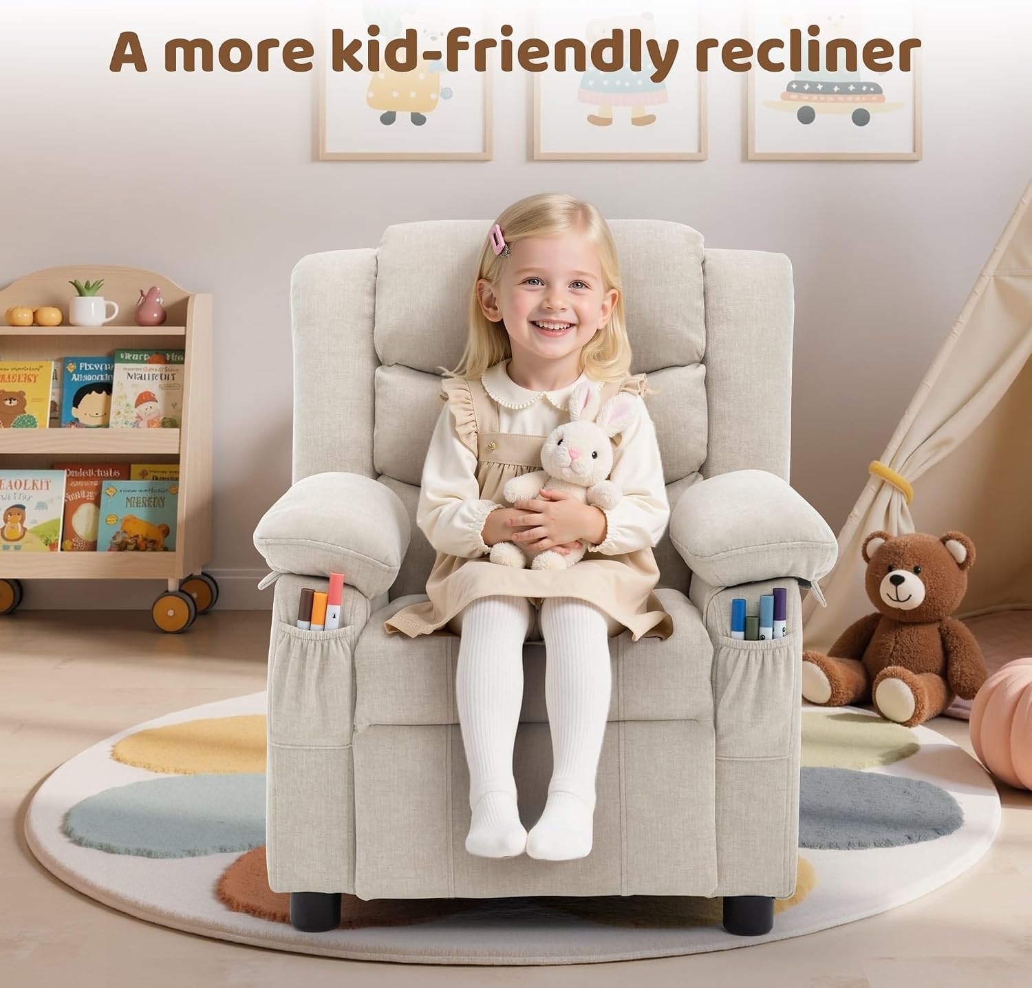 Korser Kids Recliner Chair, Push Back Toddler Recliners with Side Pockets, Child Recliner with Footrest, Cashmere Fabric Kid Chair for Girls Boys Kids Room, Children's Rooms (Beige)