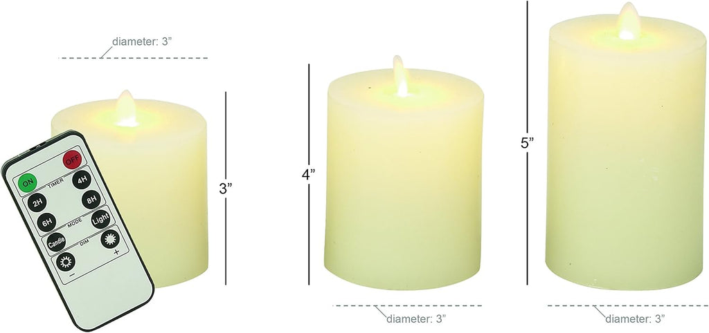 Deco 79 Wax Cylinder Flameless Candle with Remote Control, Set of 3 3", 4", 5"H, White