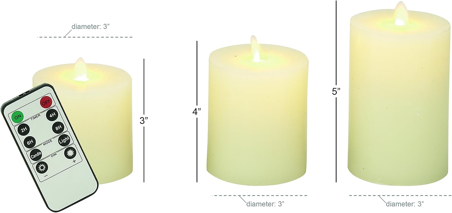 Deco 79 Wax Cylinder Flameless Candle with Remote Control, Set of 3 3", 4", 5"H, White