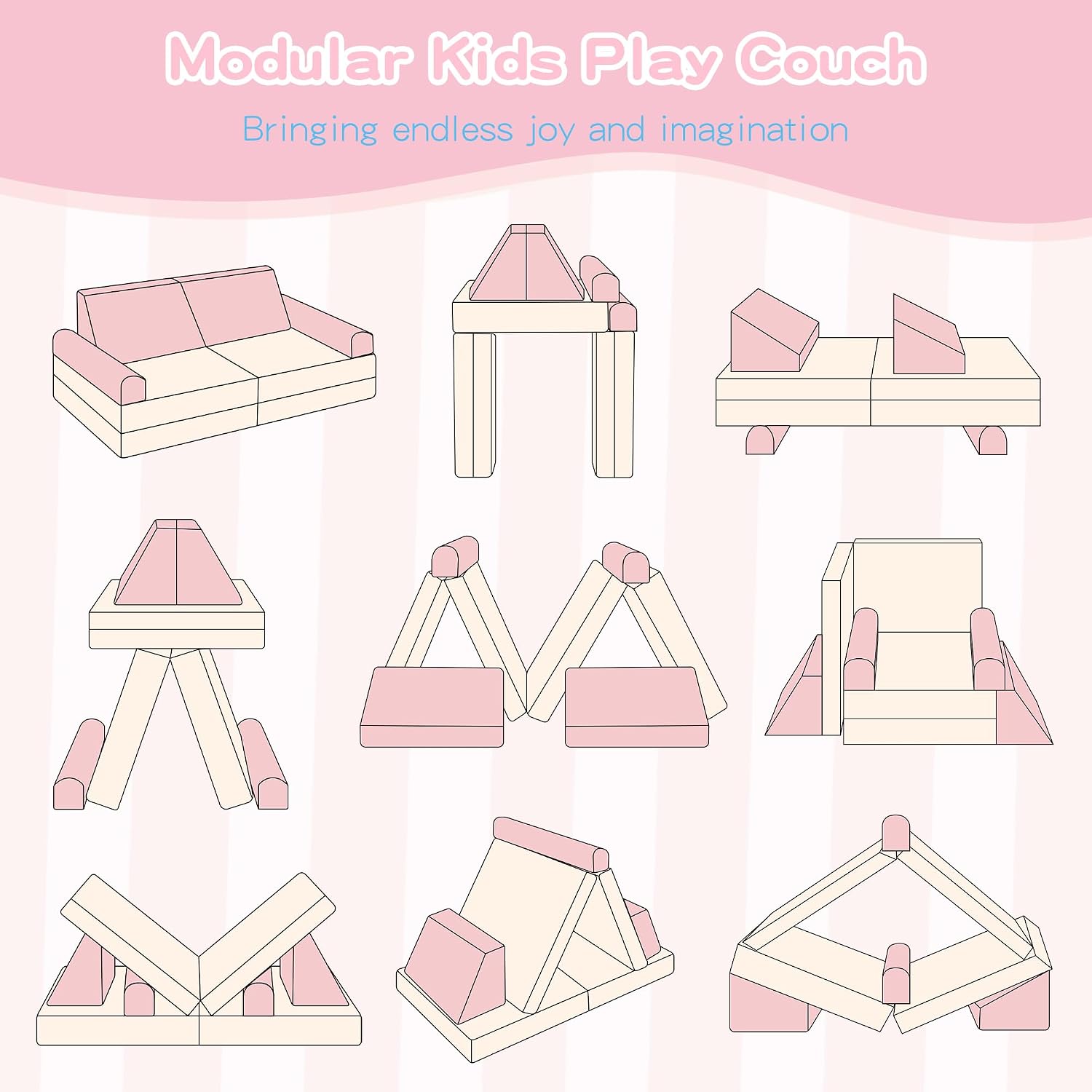 Modular Kids Play Couch, 5 Second Quick Bounce High Density Foam, Corduroy Fabric, Kids Sofa That Inspires Toddler Creativity for Playroom Bedroom Living Rooms Toddler Sofa -Pink and Beige