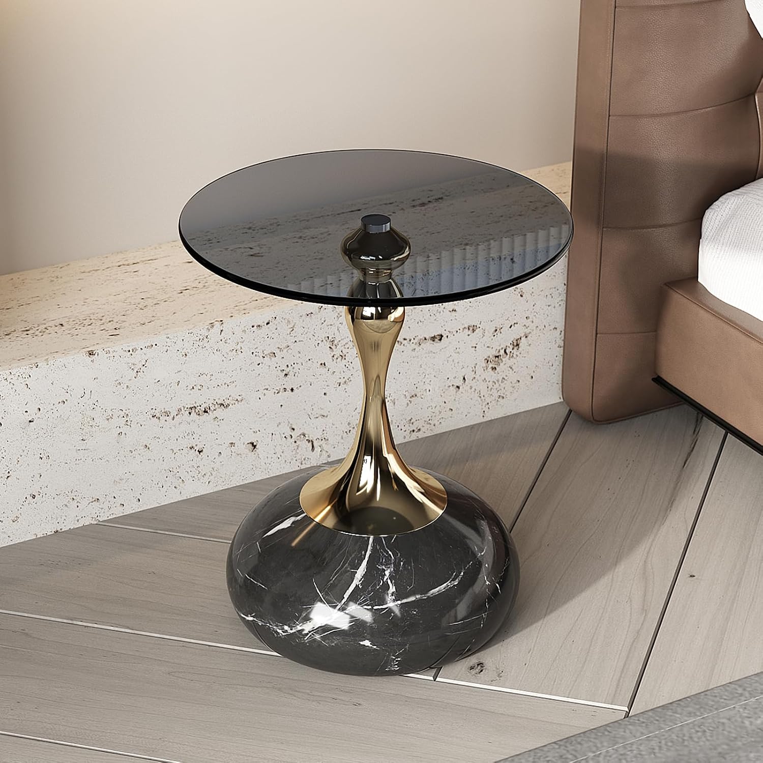 Lartis 10mm Gray Tempered Glass Side Table with Marble-Finish Base & Nano-Coated Pole - Weighted Accent Table for Living Room, Bedroom, Balcony (Gold/Black)