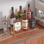 JUESHA 2 Tier Liquor Bottle Display Shelf, 15" Acrylic Bar Shelves Stand for Countertop, Step Alcohol Bottle Organizer for Wine Drinks Whiskey Bar Display (Patent: D1076520s)