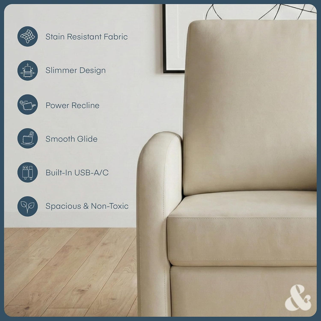 Nurture& The Porto Power Glider Recliner for Nursery | Modern Glider Chair with Power Recline | Built - in USB Charging Port | Space-Saving Design for Small Nurseries and Shared Spaces, Ivory