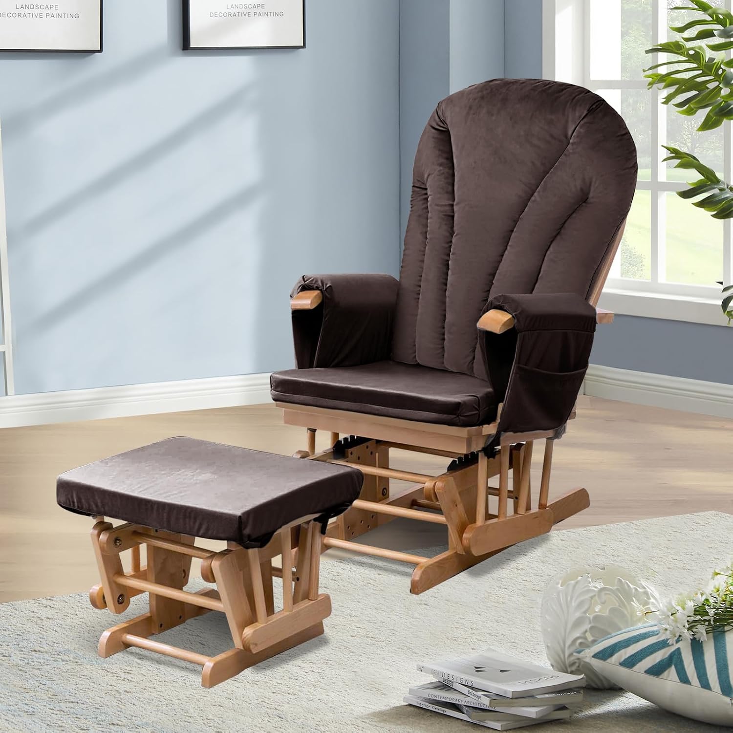 ANMINY 5pcs Glider Rocker Replacement Cushions Set with Ottoman Cushion, 3.5Inch Thickened Velvet Glider Rocking Chair Cushions with 29 inch High Backrest & Side Pockets for Indoor Nursery, Brown