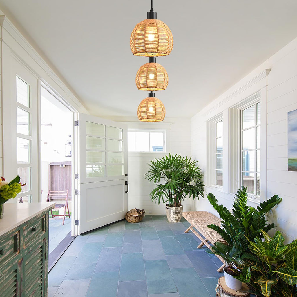 Woven Pendant Light Boho Chandelier, Rattan Pendant Lights Kitchen Island, Farmhouse Pendant Lighting with Hand Woven Wicker Shade, Boho Chandelier Light Fixtures Ceiling Hanging Light