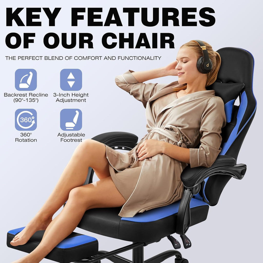 Gaming Chair with Footrest, Comfy Video Game Chairs for Adults Boys with Adjustable Lumbar Support, Linkage Armrests, Reclining Ergonomic Computer Chair for Gaming Office, 360°Swivel, Blue
