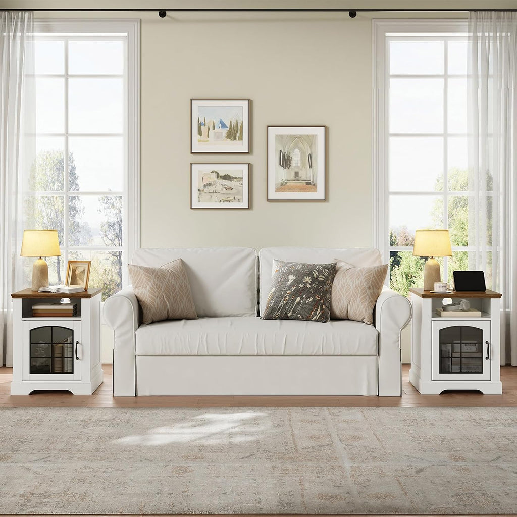 HOOBRO Farmhouse End Tables Set of 2 for Living Room, 17.7" Wide Nightstands with Charging Station, Wooden Sofa Side Tables with Tempered Glass Barn Door and Open Shelf, White and Walnut