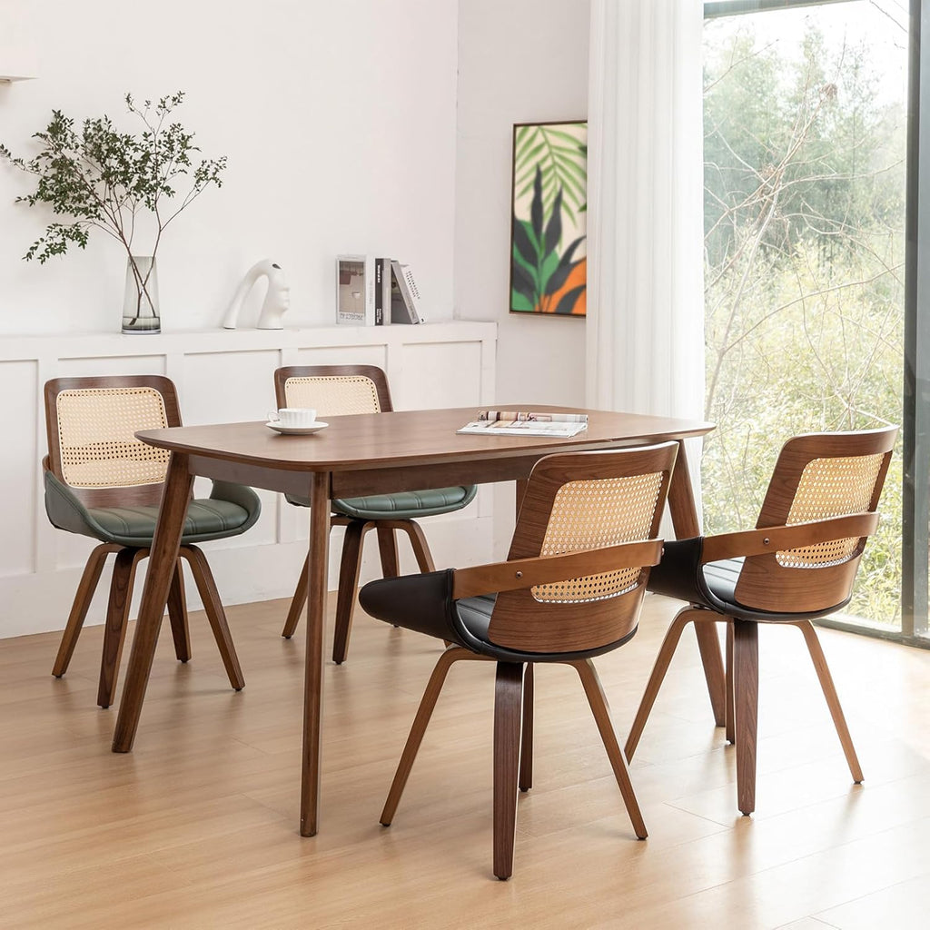 Set of 1 Swivel Rattan Dining Chair - Mid Century Modern Dining Chair with Bentwood Frame, Ergonomic Cane Back, Curved Arms, Faux Leather Swivel Chair for Kitchen/Restaurant (Walnut Green, Set of 1)