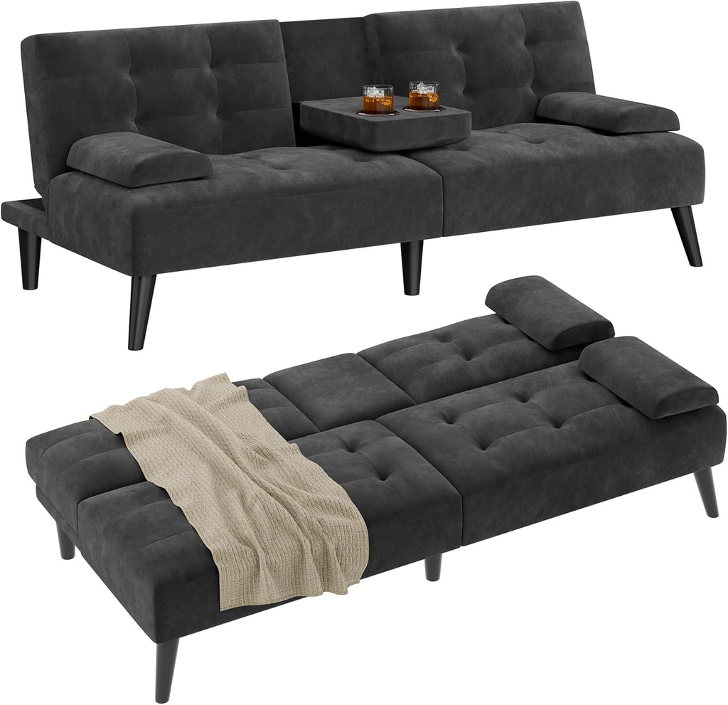 Shintenchi Futon Sofa Bed, Velvet Foldable Couch, Reclining Sleeper with Removable Armrests, Upholstered Loveseat Sofa Couch with Folding Cup Holders for Home, Office, Black