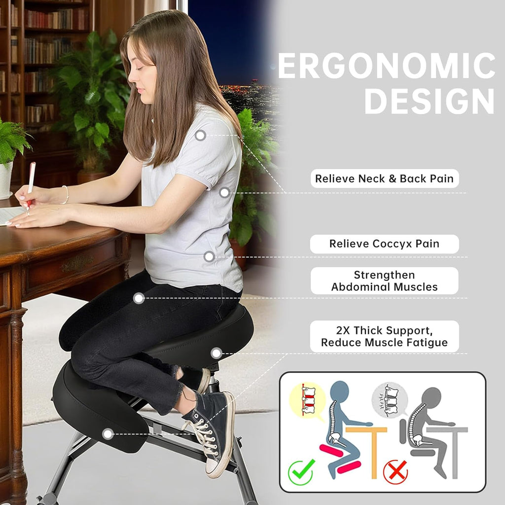 PU Leather Ergonomic Kneeling Chair, Adjustable Home and Office Stool with Thick Pads and Flexible Lockable Brake Wheels for Back Pain Relief (Dark Black)