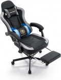 Gaming Chair with Footrest, Ergonomic Reclining Computer Chair, Height Adjustable, Lumbar Support, Adjustable Headrest, 360° Swivel High Back Chair for Home, Gaming (Grey Leather)